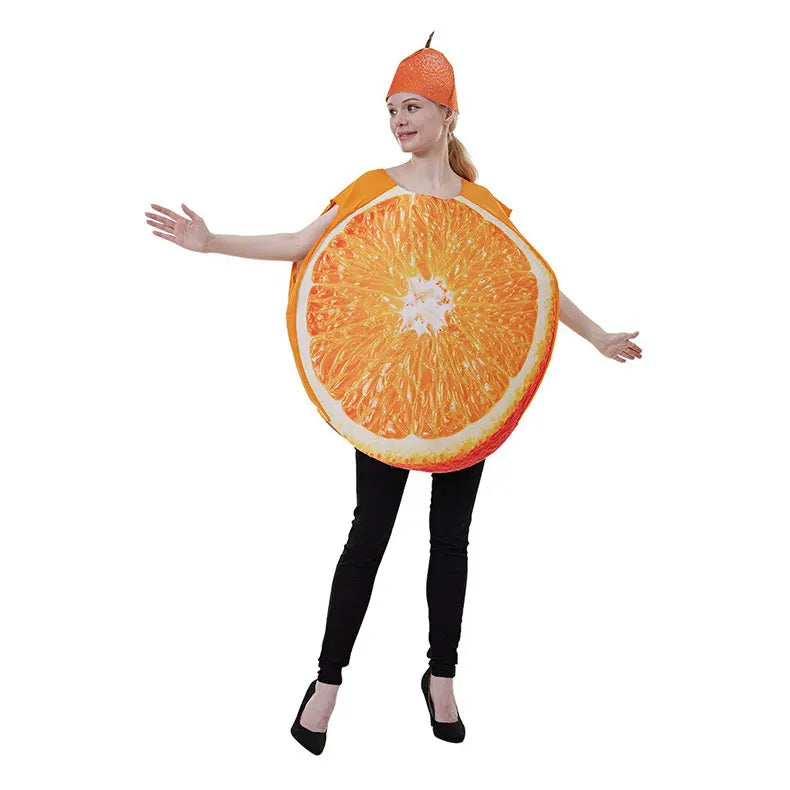 Halloween fun fruit slice costume for adults - wearing an orange outfit as a vegetable at a party in a bar for a performance.