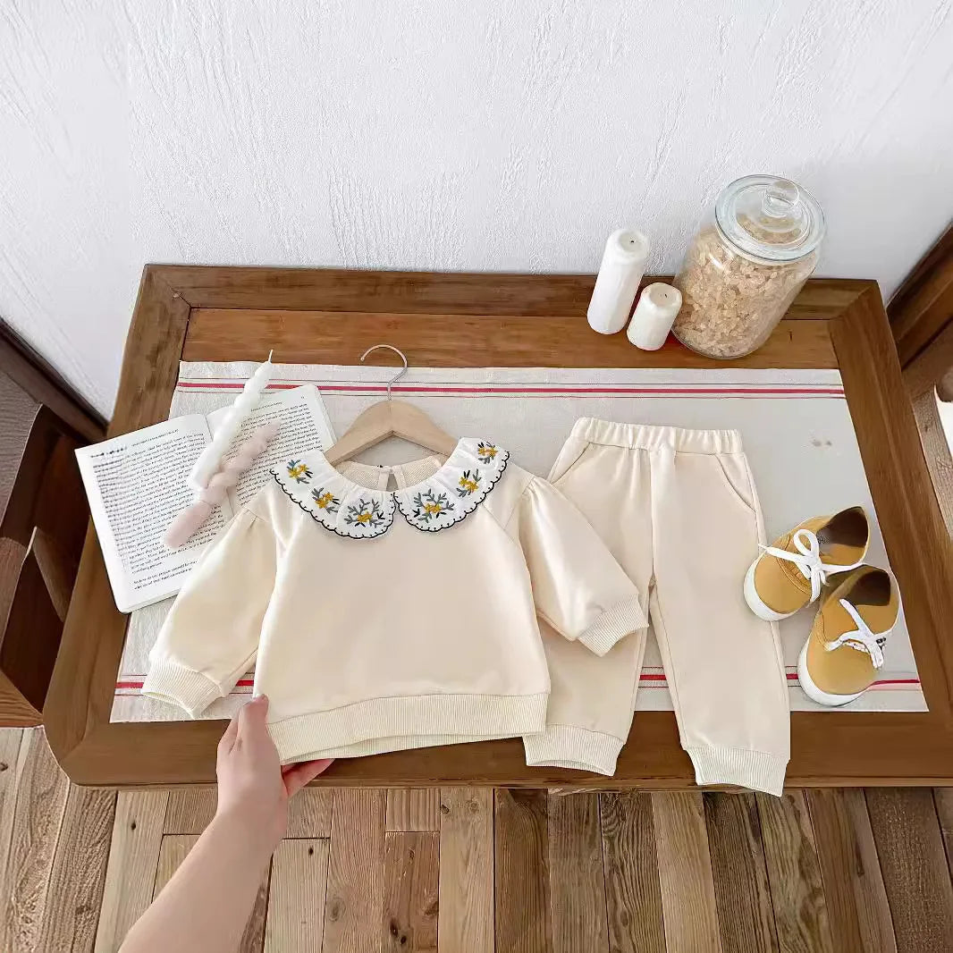 2025 Infant Toddler Fall Clothes Set: Girls' Stylish Two-Piece Pullover Sweatshirt and Pants Set for Baby Girls Outing
