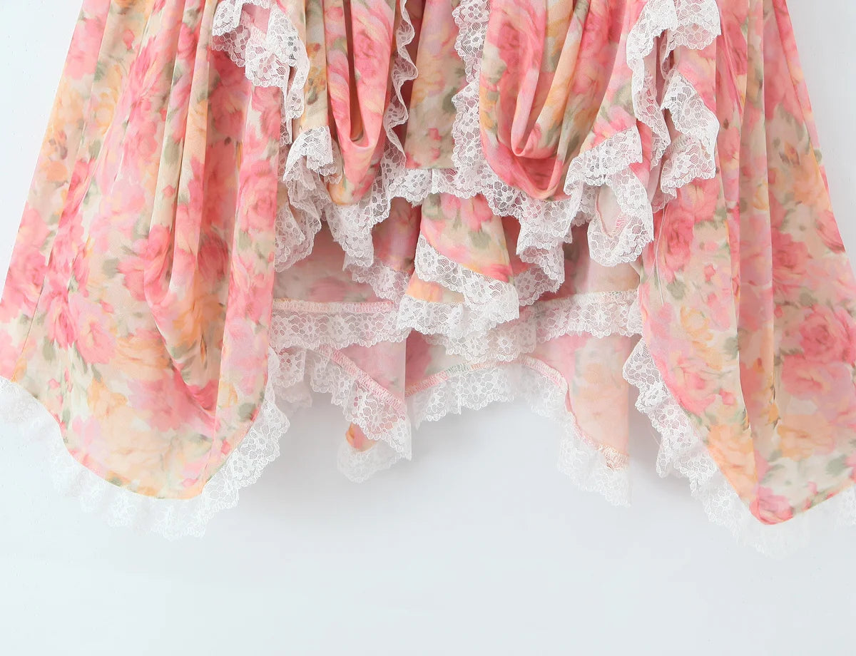 YENKYE Sexy Sling Floral Print Boho Beach Dress Women New 226  Lace Trim  Irregular Hem Holiday Summer Dresses Short Robe