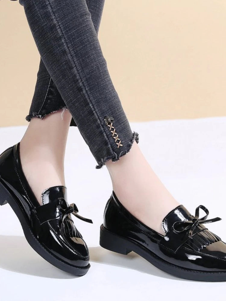 Black Patent Leather Women's Loafers Platform Slip on Shoes for Women 2025 New Spring British Tassel Casual Flats Shoes Woman
