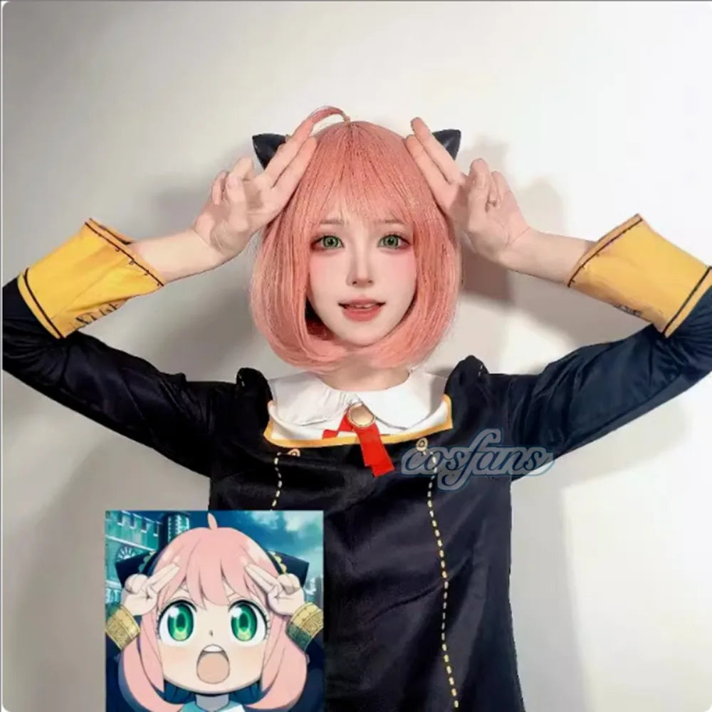 Halloween X Familie Anya Cosplay Costume Kids Adults Black Dress Kawaii Girls Women Dress Pink Wig Party Role Play Outfits