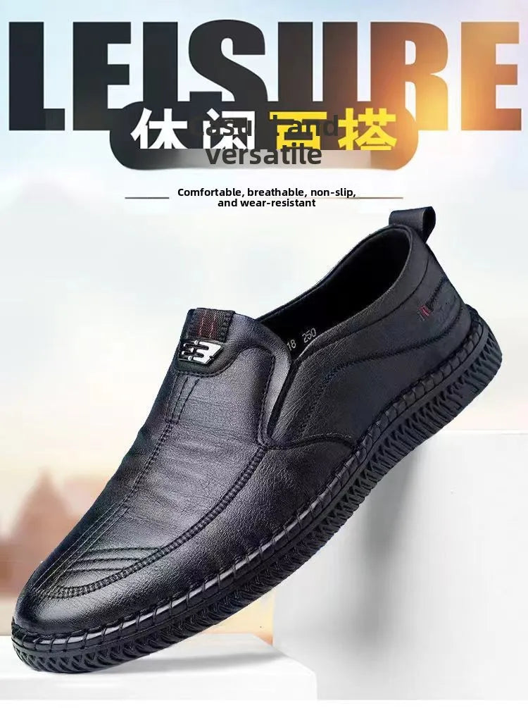 Men's Casual Thick Bottom Soft Sole Leather Shoes Dad Style Versatile Low Top Spring Autumn Season Breathable Slip-On Shoes