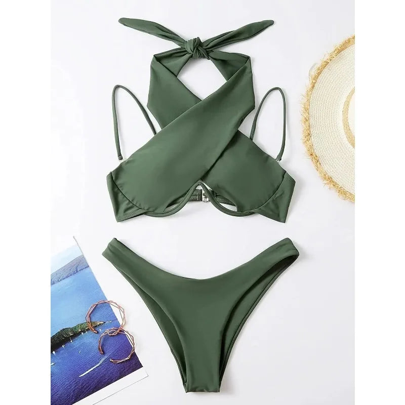 Sexy Bikini Women Cross Halter Underwire Swimsuit Split Push Up Bikini Set Female Bathers Swimming Summer Beachwear Bathing Suit