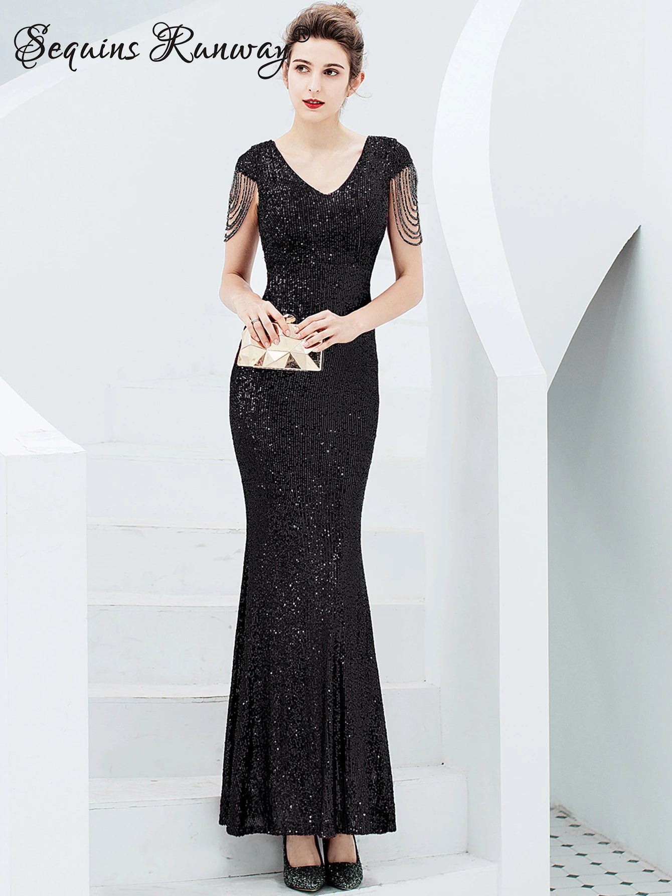 Sexy vintage maxi black sequin summer dress women 2025 elegant luxury birthday party long dresses fishtail evening dress vestido
