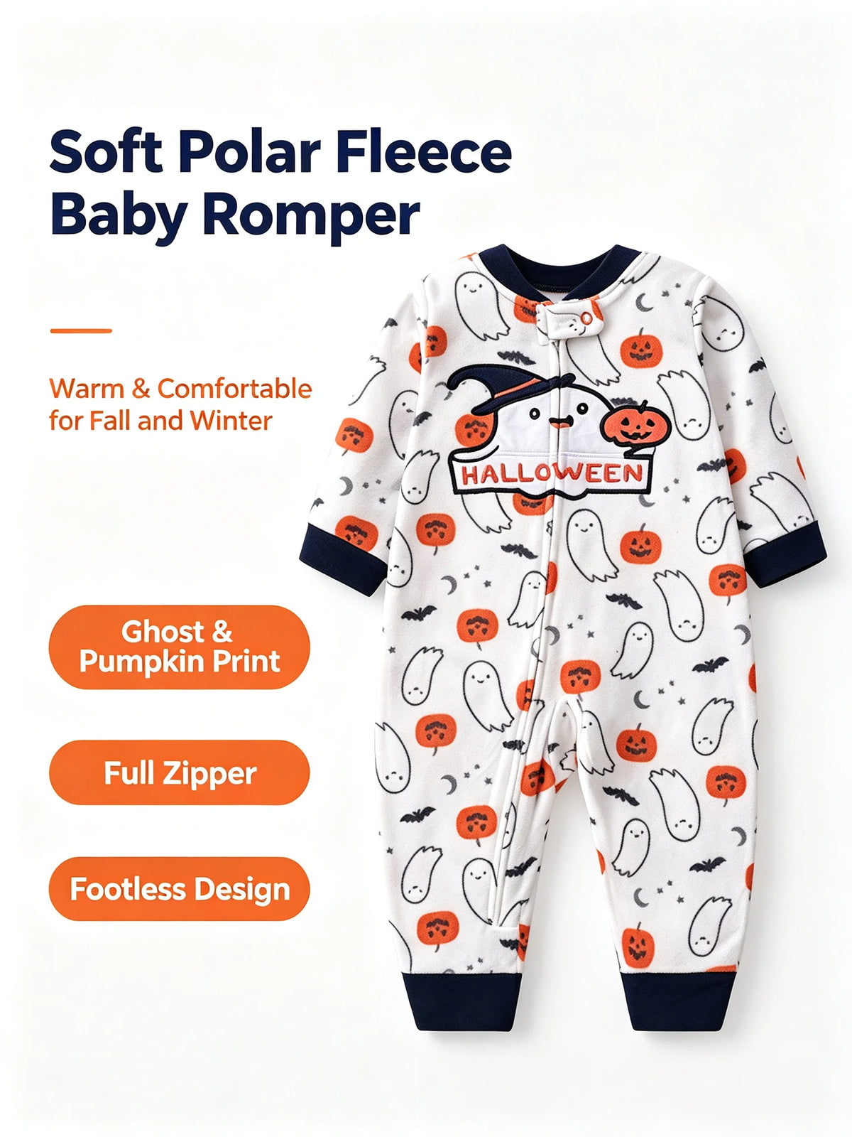 Halloween Baby Romper Polar Fleece Long Sleeve Full Zipper Infant Jumpsuit Ghost Pumpkin Print Footless Toddler Clothes 6-24M