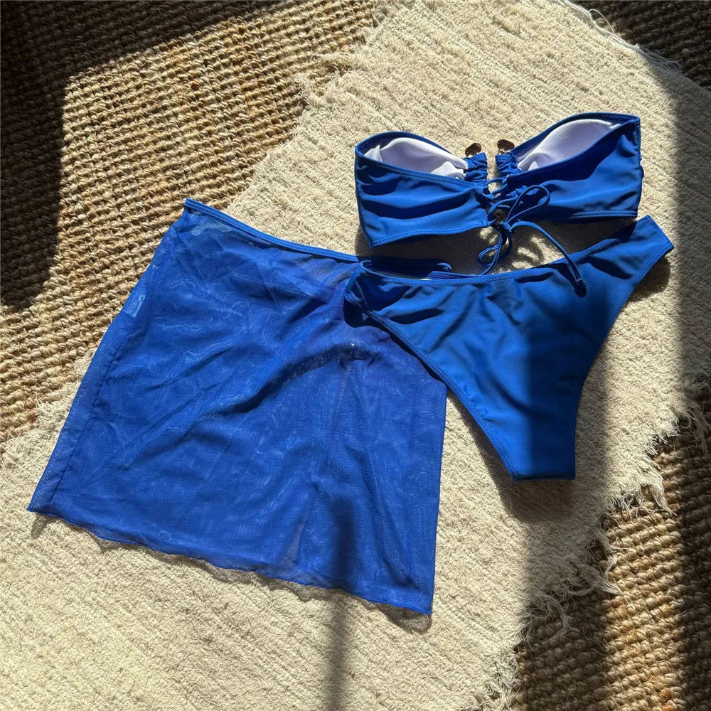 Metal Buckled Bandeau Black Bikinis Sets 3 Pieces Skirts Cover Ups Sexy Swimsuit Women 2026 Holiday Solid Swimwears Bikini Dames