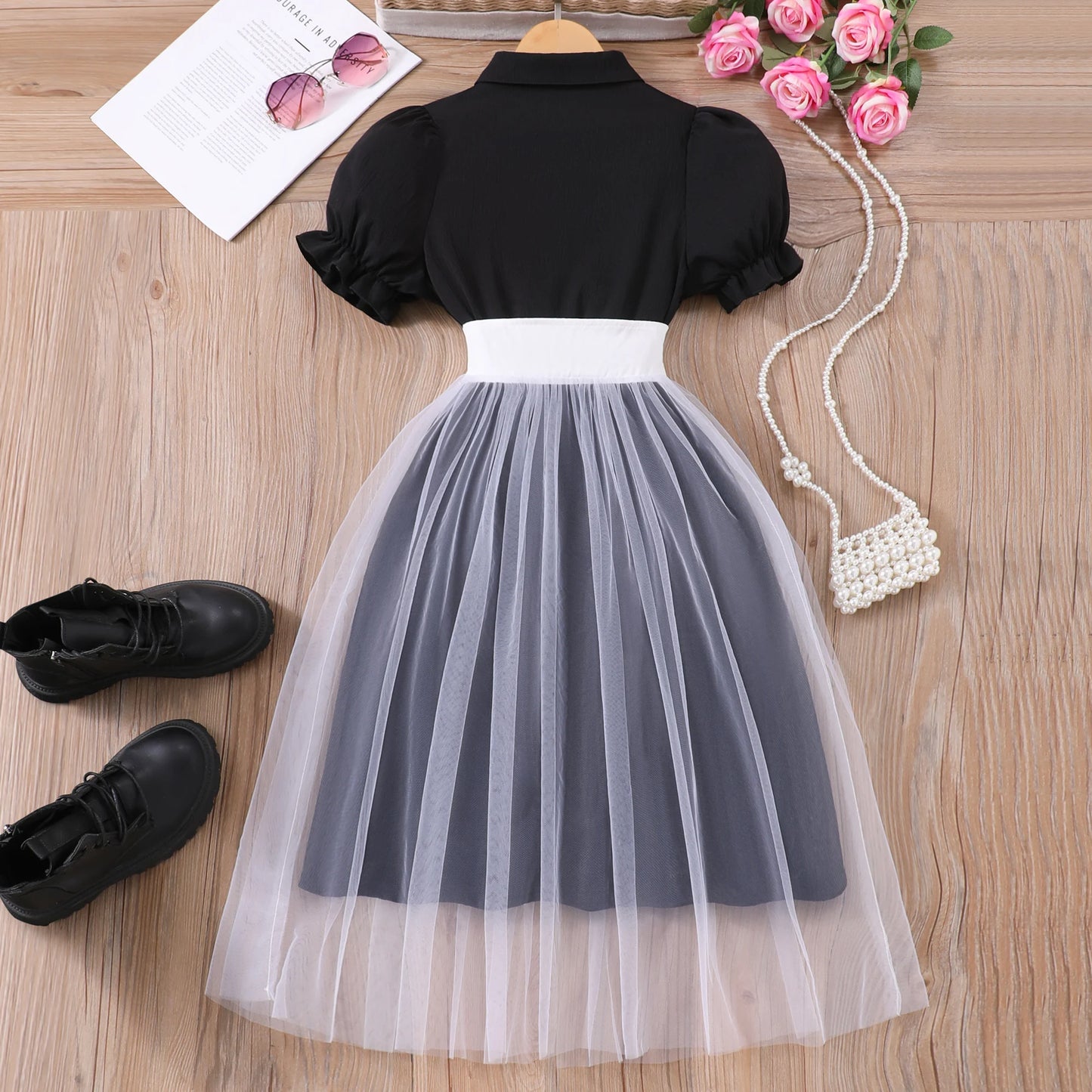 Teen Girl Dress Summer Black Retro Short Sleeve Children Dresses Fashion Girl Costume Party Big KIds Outfit 7 8 9 10 11 12Yrs