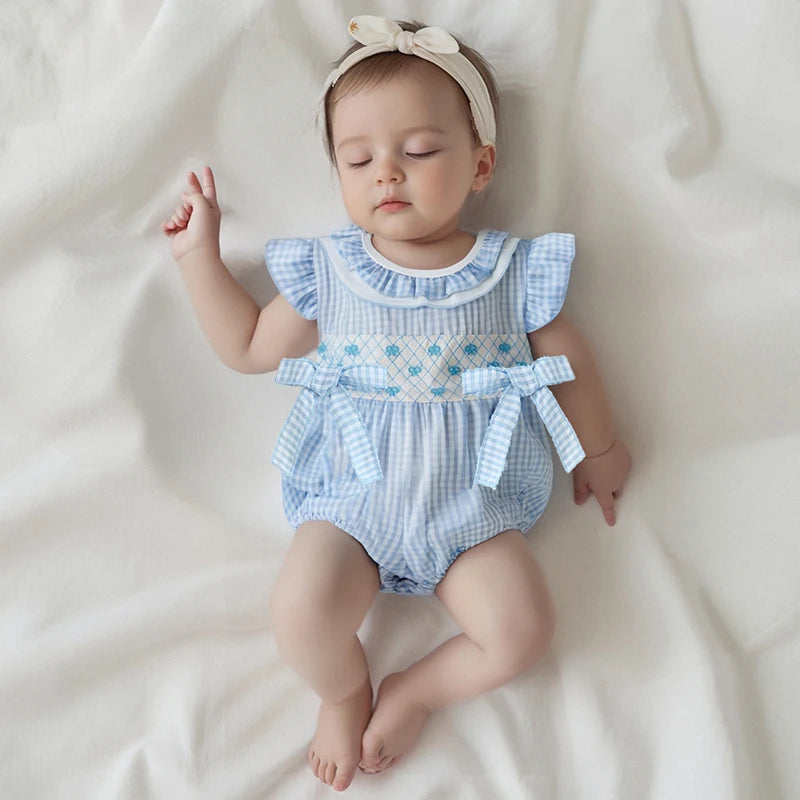 Infant Baby Girl Summer Romper Outfit Ruffle Short Sleeve Bodysuit Bow Embroidery Plaid Jumpsuit 0-18M