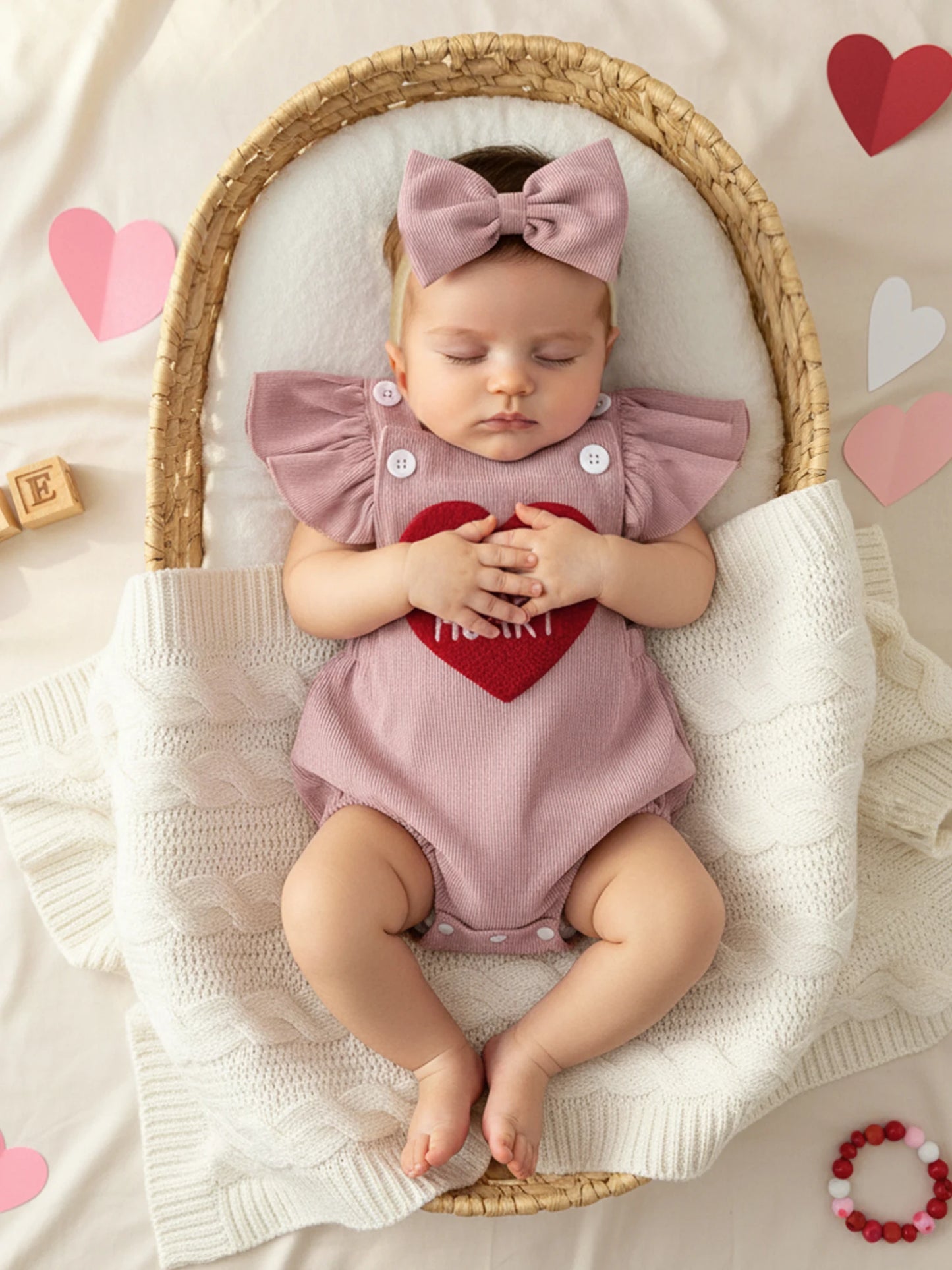 Baby Girl Valentines Outfit Letter Love Heart Embroidered Ruffled Trim Flying Sleeve Romper and Bow Headband 2 Pcs Set