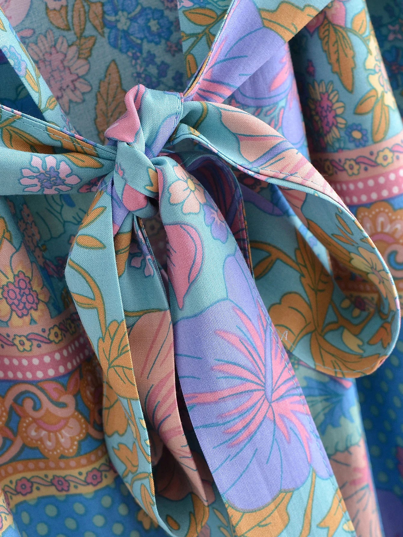 BOHO Women Blue With Pink Flower Print Kimono Shirt Holiday Tide Bow Sashes Mid Long Cardigan Summer Blouse Beach Cape