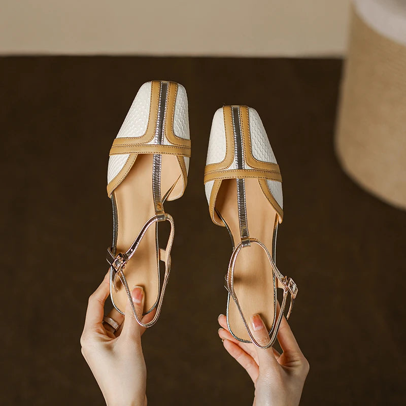 Dilalula 2025 Fashion T-Strap Genuine Leather Sandals Women Covered Toe Mixed Color Summer Dress Shoes Ladies Party French Style