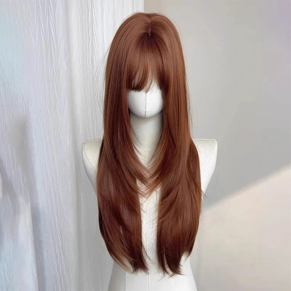 Synthetic 30 inch long straight hair wig high-level orange brown full top wig headband suitable for women's daily party wear