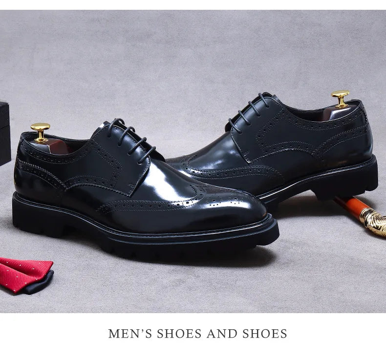 Size 38 To 46 Classic Italian Genuine Leather Men's Dress Shoes Black Lace-up Wingtip Oxfords Business Wedding Brogue Suit Shoes