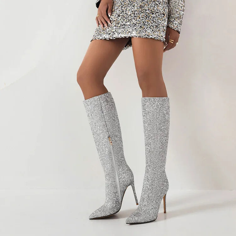 Ochanmeb Sexy Stiletto Heels Silver Red Glitter Boots Women Thin High Heeled Bling Bling Gold Sequined Knee-high Long Boot Party
