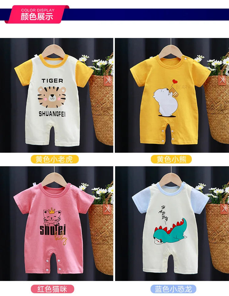 Breathable Cotton Baby Cartoon Jumpsuits, Short Sleeve Bodysuit for Newborn Infant Boys Girls Rompers of Crawling Clothes