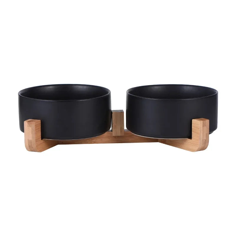Cat bowl cerami double bowl water bowl integrated wooden rack protects cervical spine high-legged dog bowl dog bowl