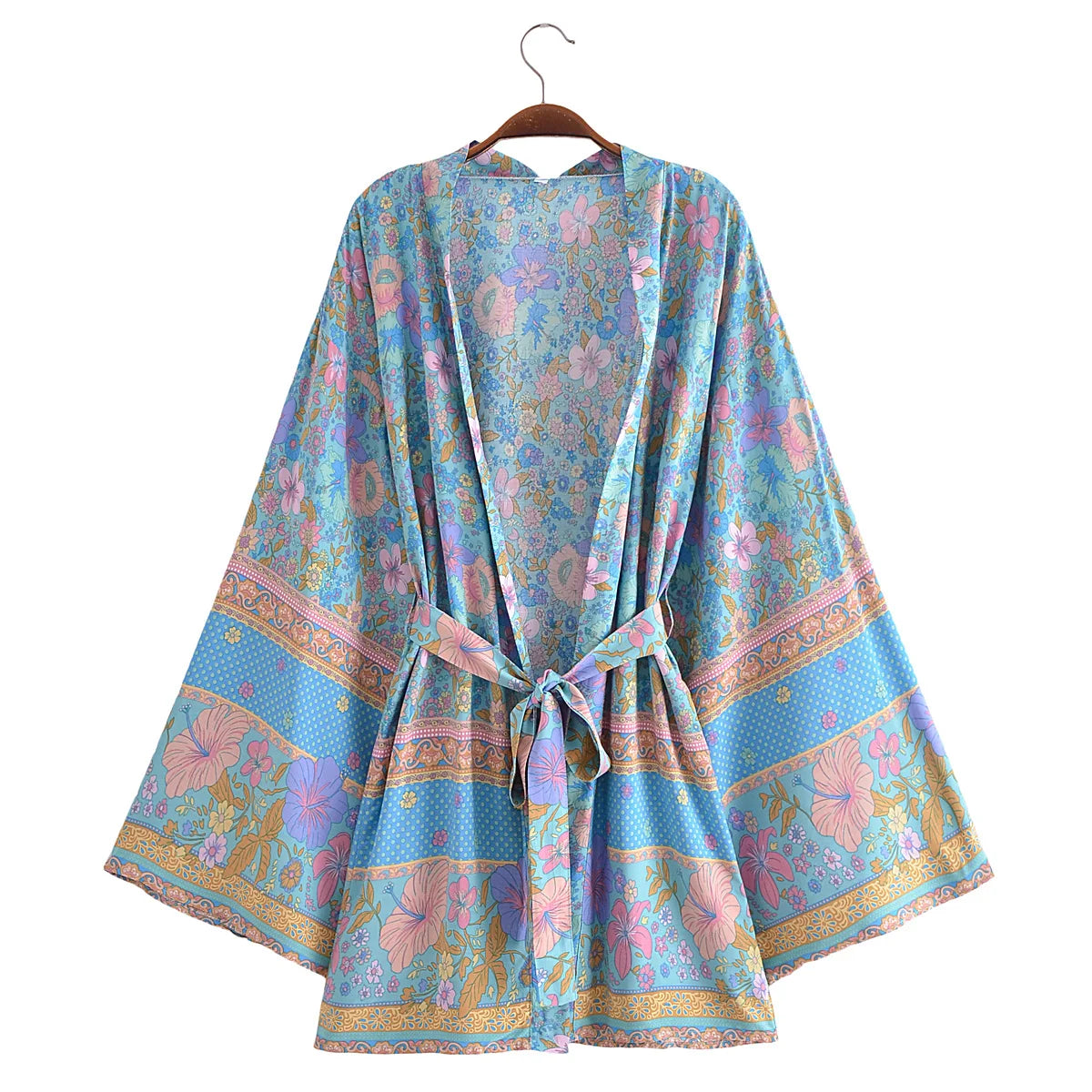 BOHO Women Blue With Pink Flower Print Kimono Shirt Holiday Tide Bow Sashes Mid Long Cardigan Summer Blouse Beach Cape