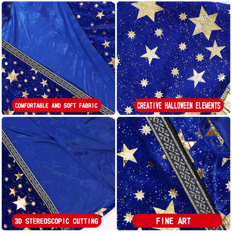 Halloween Wizard Set Includes Hat, Robe, Cloak, Magician Costume, Unisex Cloak, Vampire Costume, Blue Star and Moon Magic Magici