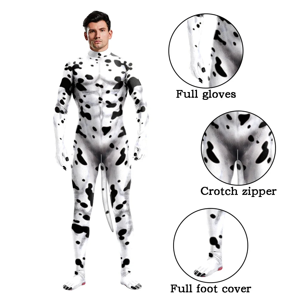 Halloween Cosplay Costume Male Adult Full Cover Elastic Zentai Pet Suit Jumpsuit Print Catsuit Bodysuits with Tail Purim Clothes