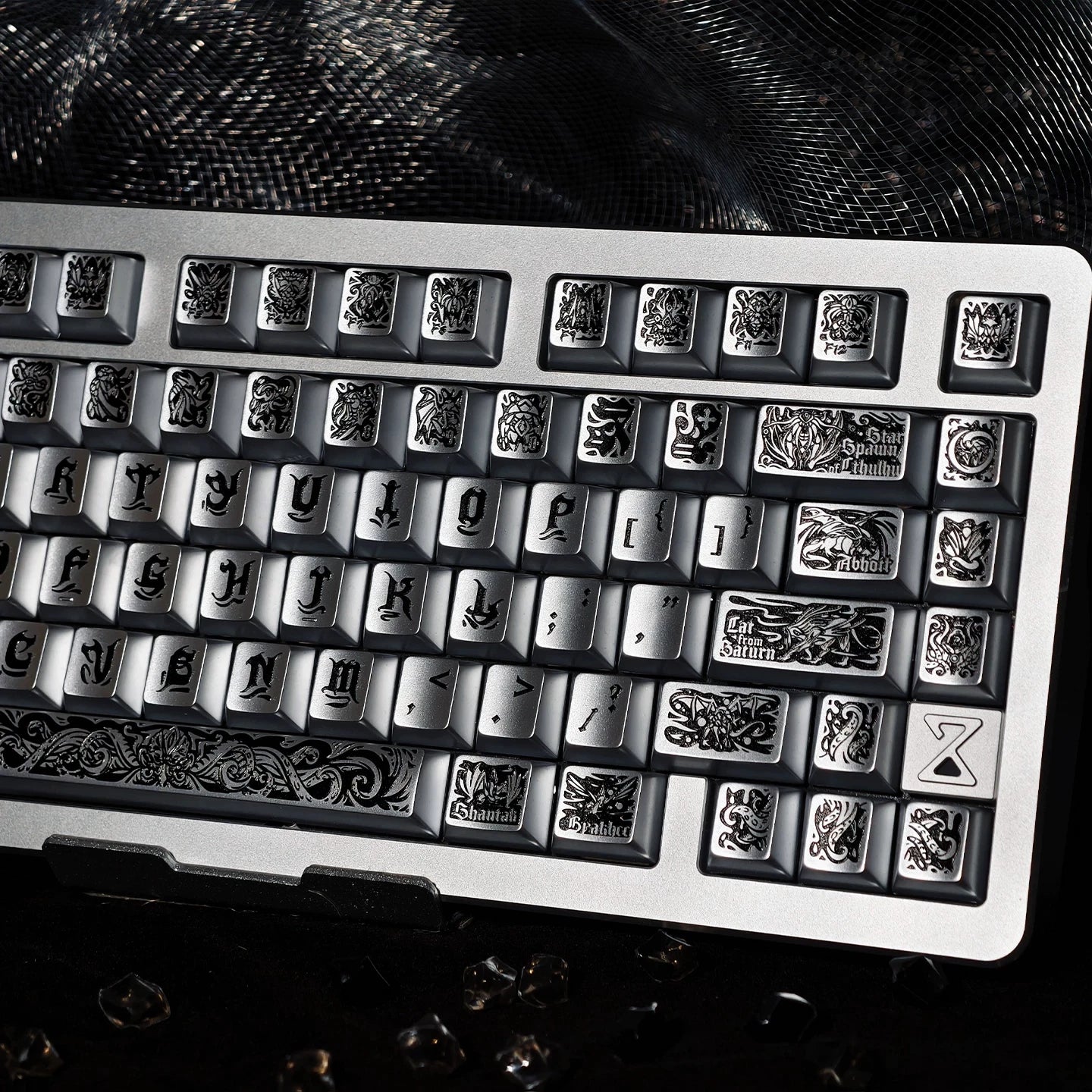Cthulhu PBT Keycaps Set,130 Keys Custom Black Silver Metallic Silver Finish Cherry Profile Keycap For MX Mechanical Keyboard