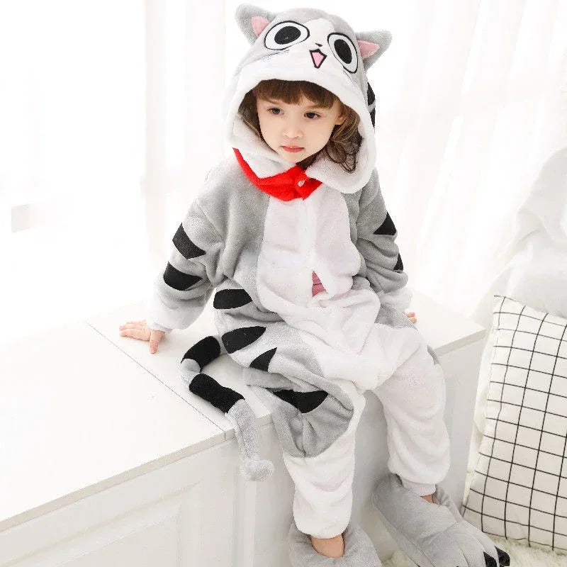4 6 8 10 12 Years Girls Black Cat Jumpsuits Unicorn Pajamas Kigurumi Toddler Kids Hooded Flannel Home Wear Children Onesie