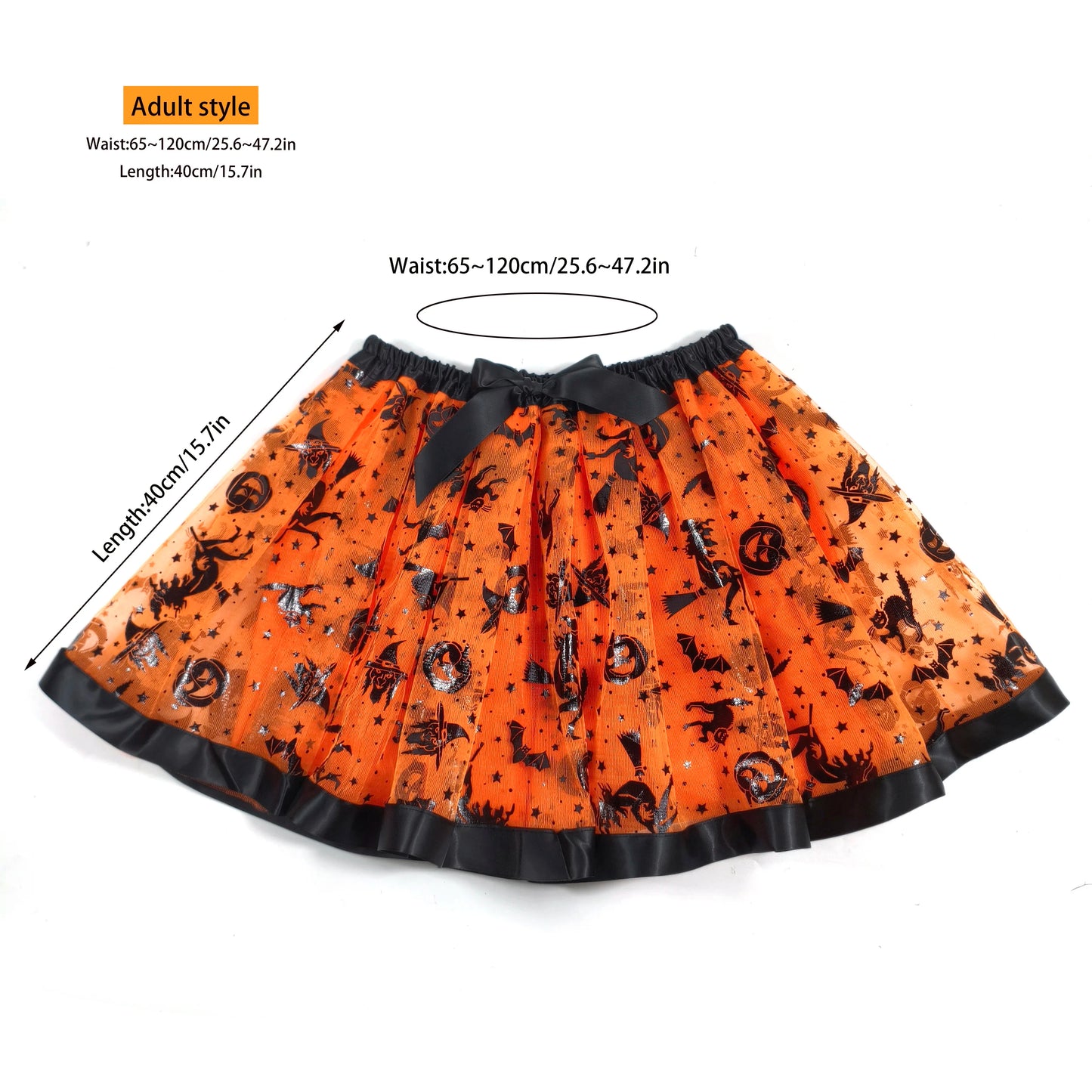 Halloween Adults Tulle Skirt Adorned with bats pumpkins stars this orange tulle skirt has a black bow waist  trim