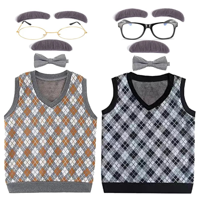 Halloween Children's Day Kids 100 Days Of School Costume For Boy Grandpa Vest Wig And Beard Granny Dress Up Props Carnival Party