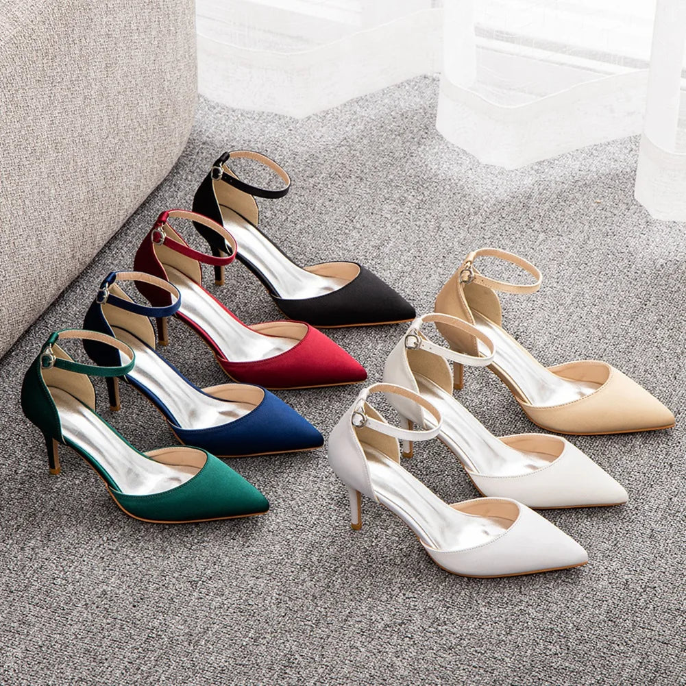 Sexy Ankle Strap Sandals Women Party Mature Silk 7CM Cover Heel Buckle Strap Formal Dress Dress Women's Shoes Dark Green