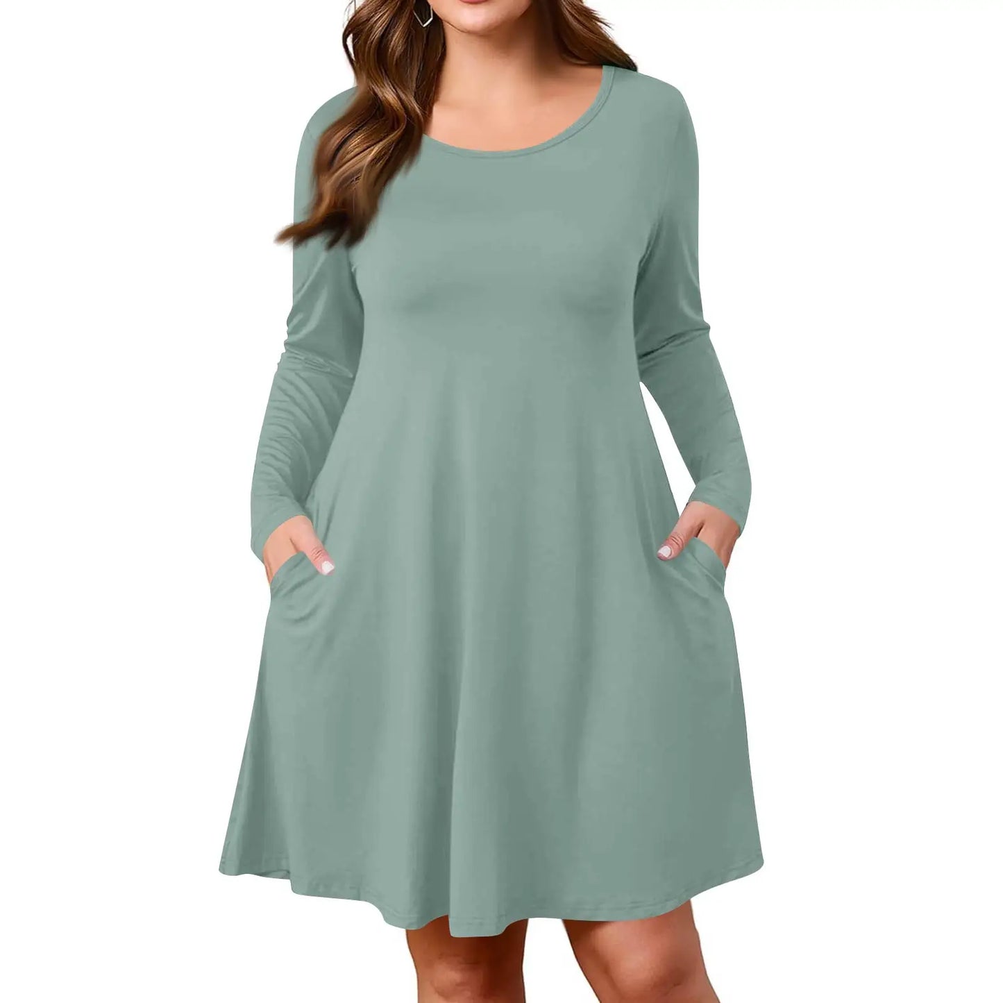 Plus Size Dress for Women Solid-Colour Casual Dress Spring/Autumn Pocket Round Neck Long-Sleeved Dresses vestidos femenino