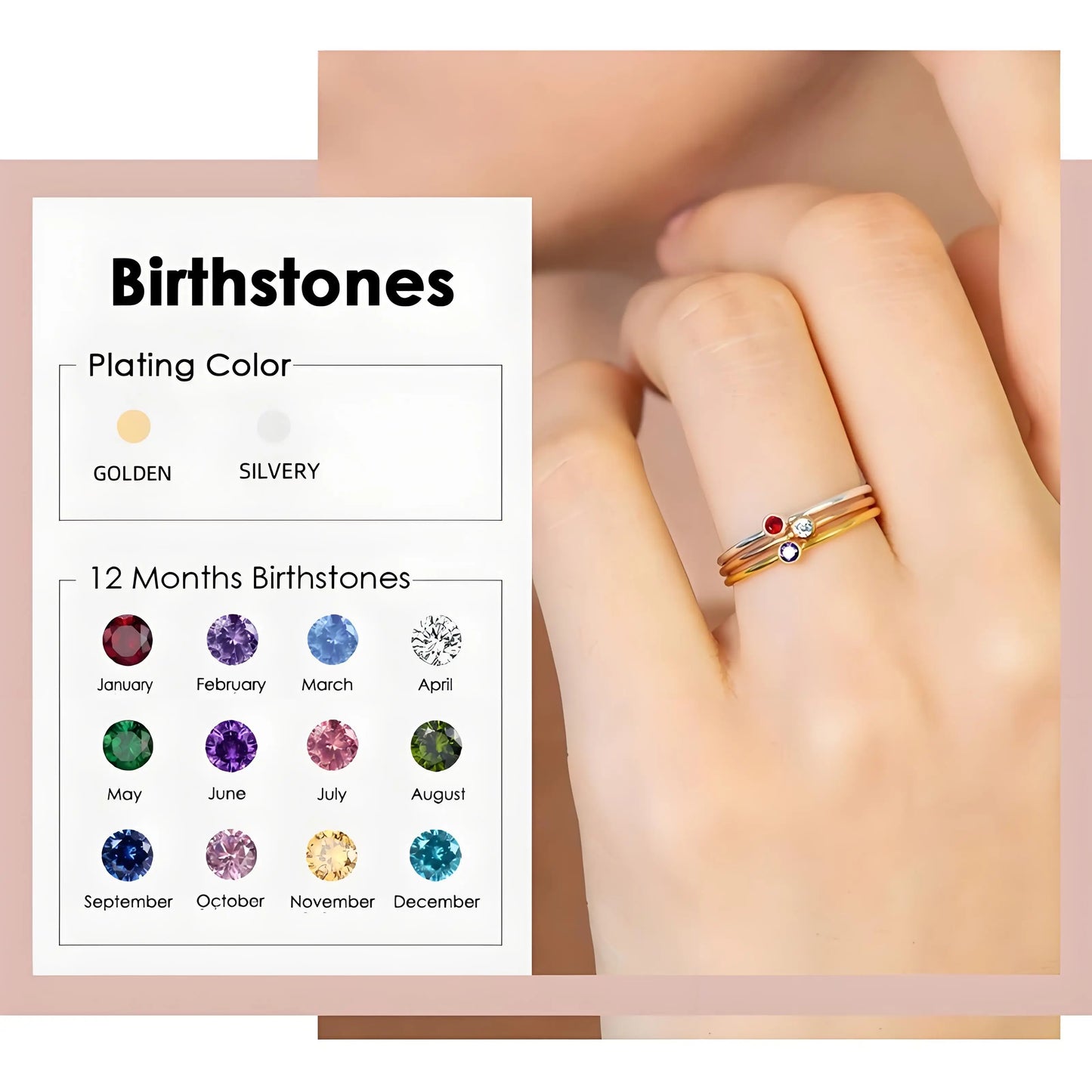 14K Gold Plated Stainless Steel Birthstone Ring for Women Tiny Thin Stacking Ring Colorful Zircon Crystal Aesthetic Jewelry Gift