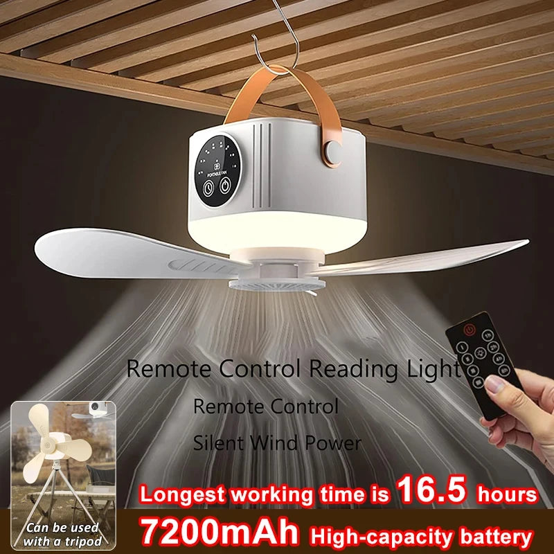 7200mAh Ceiling Fans Portable Camping Fan Tent Air Circulator Cooler Outdoor Rechargeable Electric Fan LED Light Remote Control