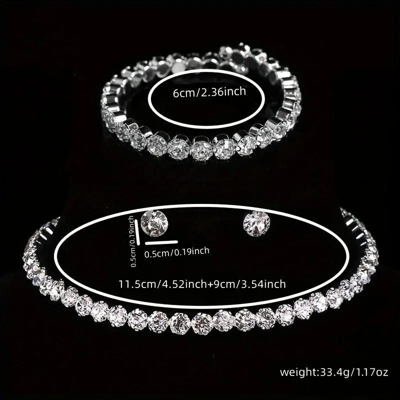Luxury Round Crystal Jewelry Set for Women Charm Silver Color Bracelet Stud Earring Zircon Chain Necklace Wedding Party Jewelry