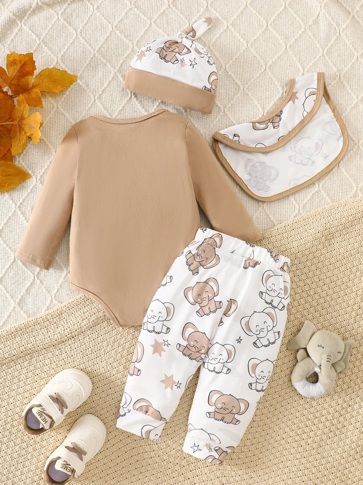 Four-Piece Set for Newborn Boys, Autumn and Winter Season Casual Cute Style, Lively Elephant Print Unisex Romper Four-Piece Set