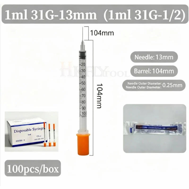 100pcs/box 0.3ml/0.5ml/1ml Disposable Sterile Syringes with 31G 6mm 8mm 29G 13mm 30G Needles for Lab Measuring Pet Feeding