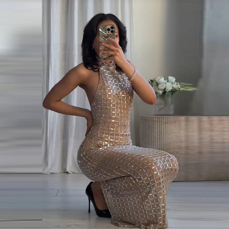 Sexy See Through Shinny Party Maxi Dress For Women O Neck Sleeveless Slim Fit Long Vestidos 2025 New Lady High Street Robes
