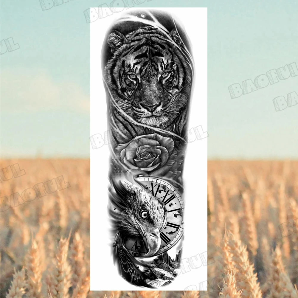 BAOFUL Full Arm Sleeve Temporary Tattoos For Women Men Realistic Wolf Lion Warrior Maori Fake Tattoo Stickers Thigh Leg Tatoos