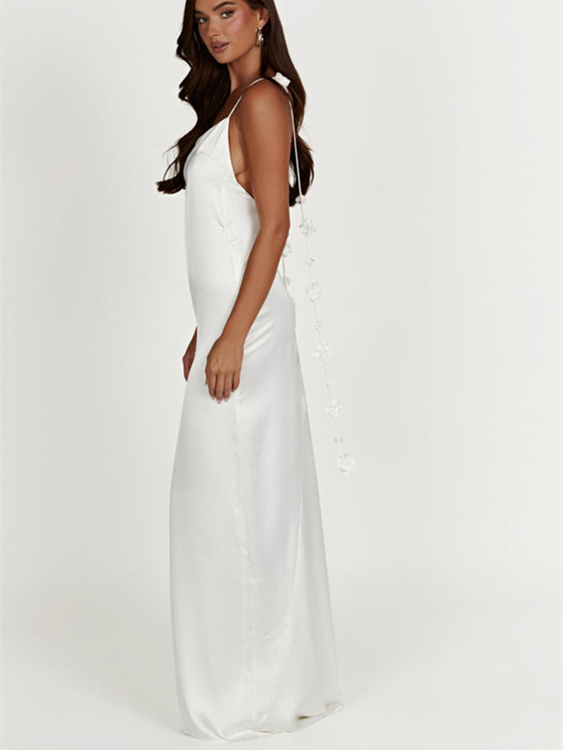 hirigin Women Long Bodycon Dress Solid Color Flower Tassel Sleeveless Sling Cocktail Dress Summer Party Club Backless Long Dress