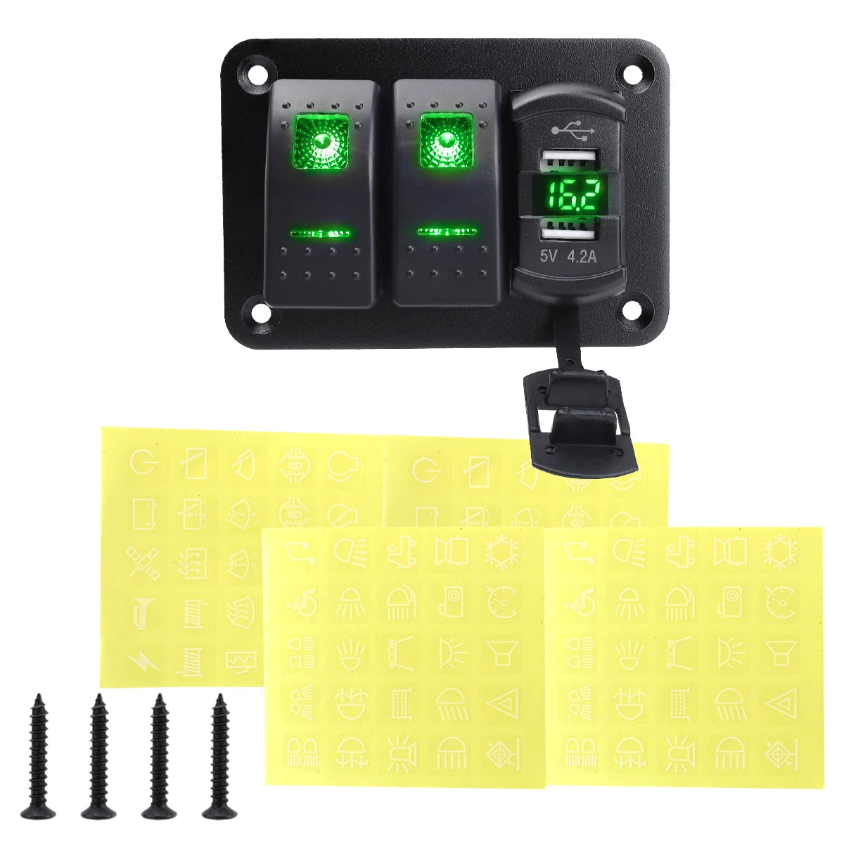 12V 24V DC 3/4/5/6/8 sets of marine control lever switch panel, with 4.8A dual USB charger voltage and sticker, green