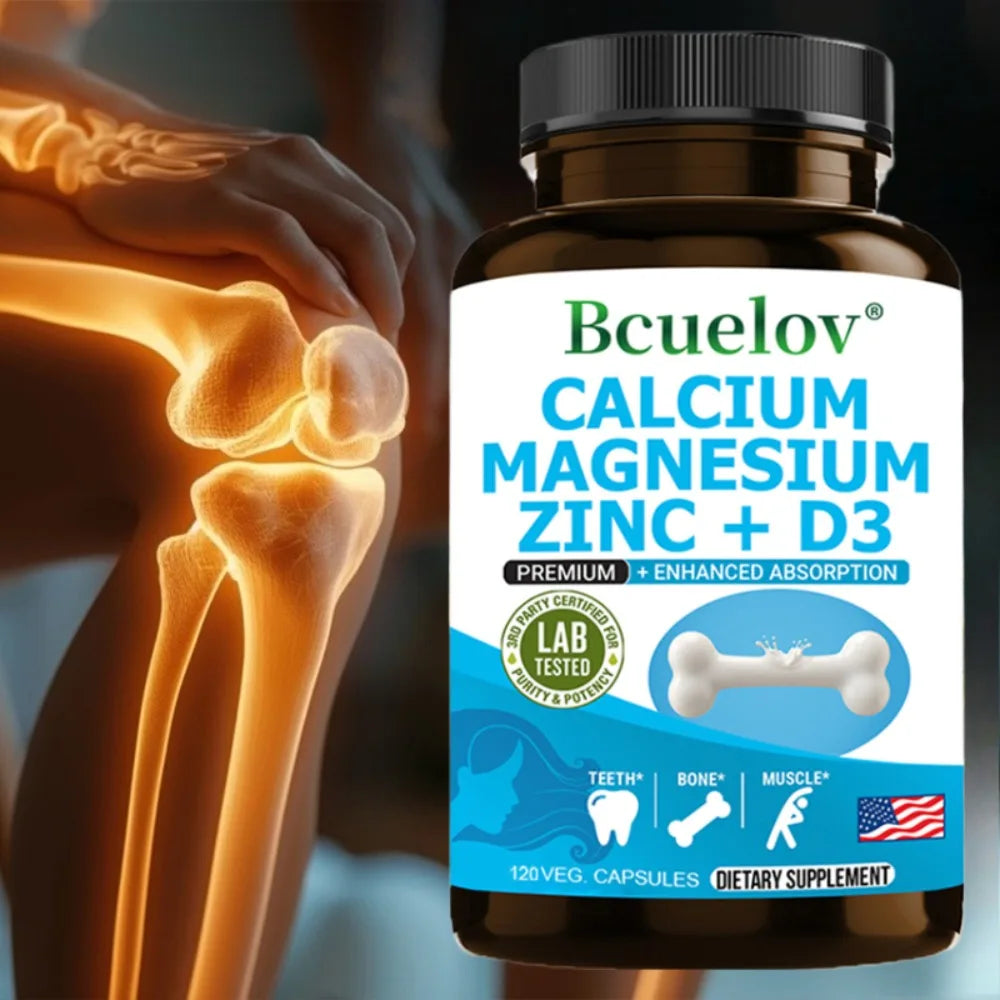 Calcium + Magnesium + Zinc + Vitamin D3 Capsules - Supports Bone and Nervous System Health and Improves Mood