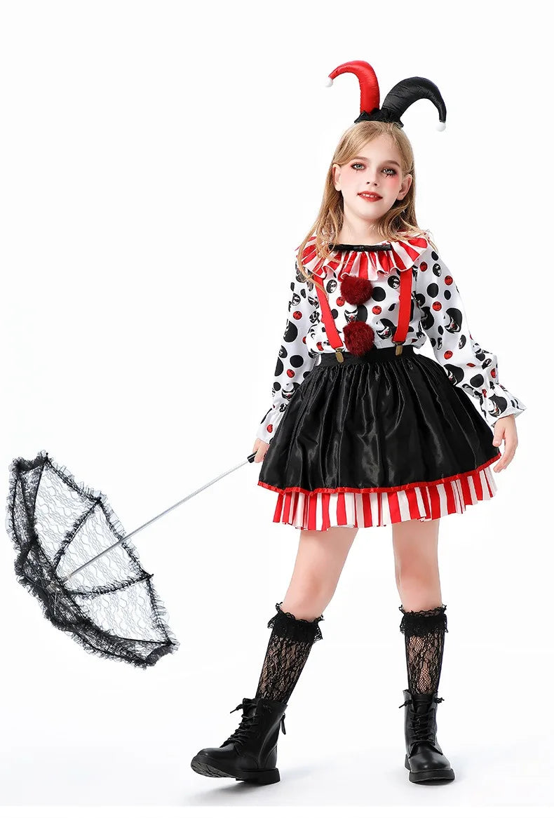 Halloween Cosplay Costumes Horror Clown Dresses Pants Headwear Clothes Sets Carnival Theme Party Role Playing Outfits for Girls