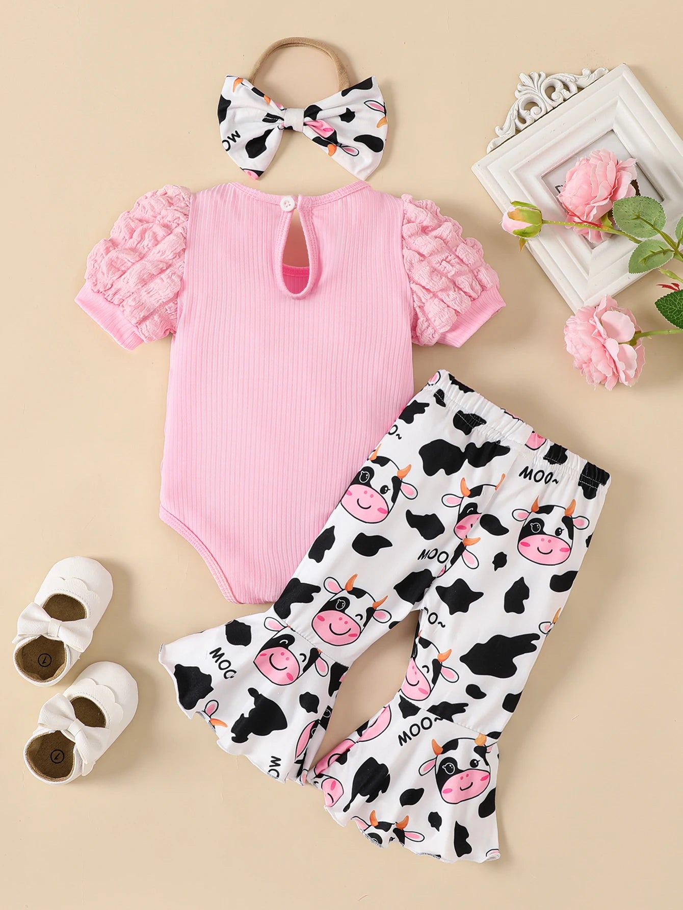 Baby Girl Pink Bodysuit, Cow-Print Flared Pants & Bow Headband Set