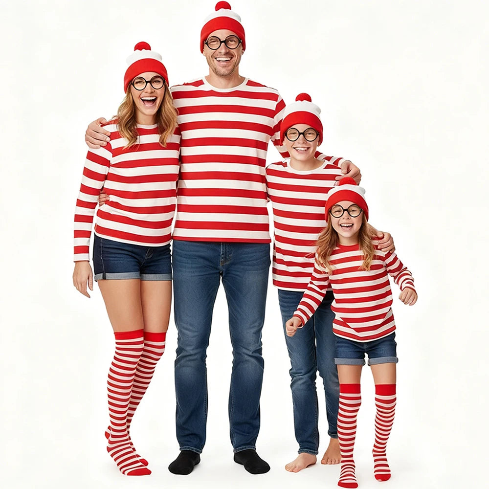 Wheres Waldo Cosplay Costume Red Striped Shirt Role Play Clothes Hat Glasses Socks Halloween Christmas Family Dress Up Outfits
