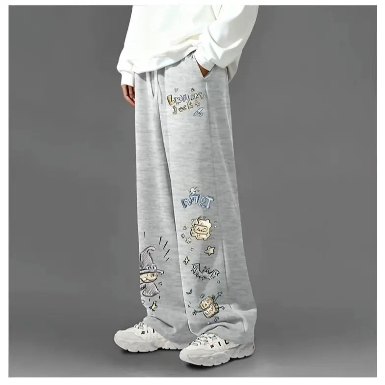 American Retro Graffiti Print Casual Pants for Men, Spring and Autumn Trendy Brand Loose Plus-size Straight Wide-leg Long Pants
