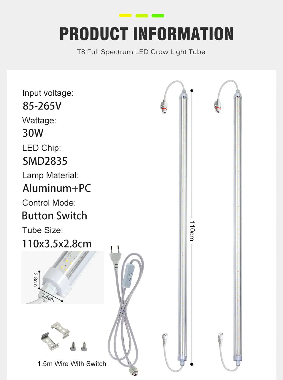 AC85- 265V SMD 2835 Chip T8 Full Spectrum LED Grow Tube Suitable for Plants Fruit Trees Succulents Veg and Bloom LED Grow Light