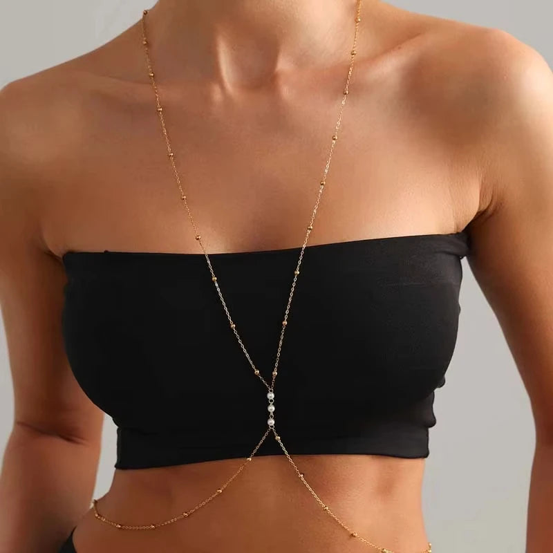 Fashion Metal Beaded Chest Chain for Women Sexy Gold Color Round Bead Chain Pearl Cross Waist Chain Bikini Hottie Jewelry Gifts