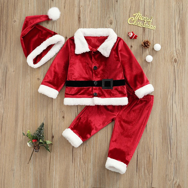 Baby Christmas Clothes Boys Girls Santa Jacket Velvet Outwear Coat Long Pants with Hat Baby Santa Costume