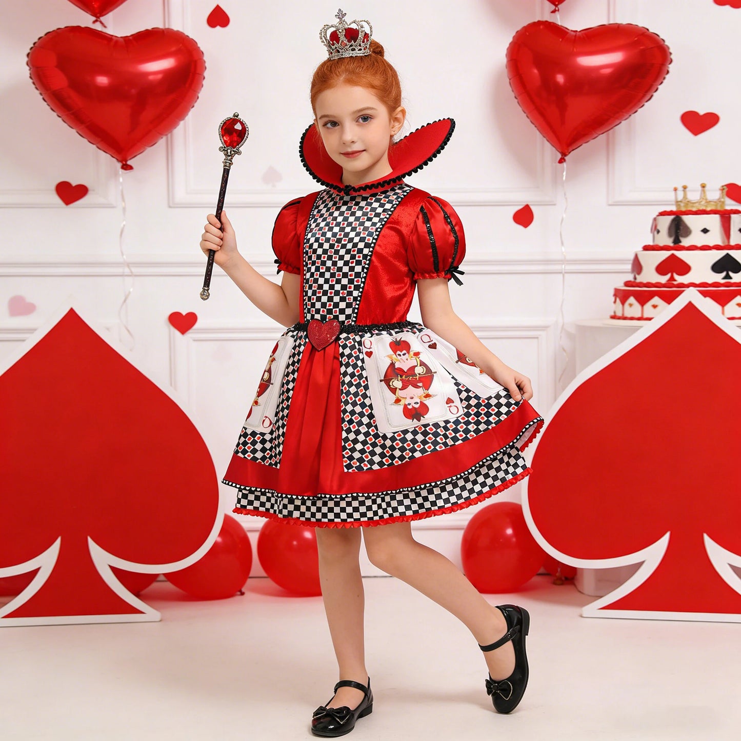Halloween Red Queen Hearts Cosplay Girls Costume Poker Print Wonderland Birthday Party Dress Girl Stage Drama Show Kids Clothing
