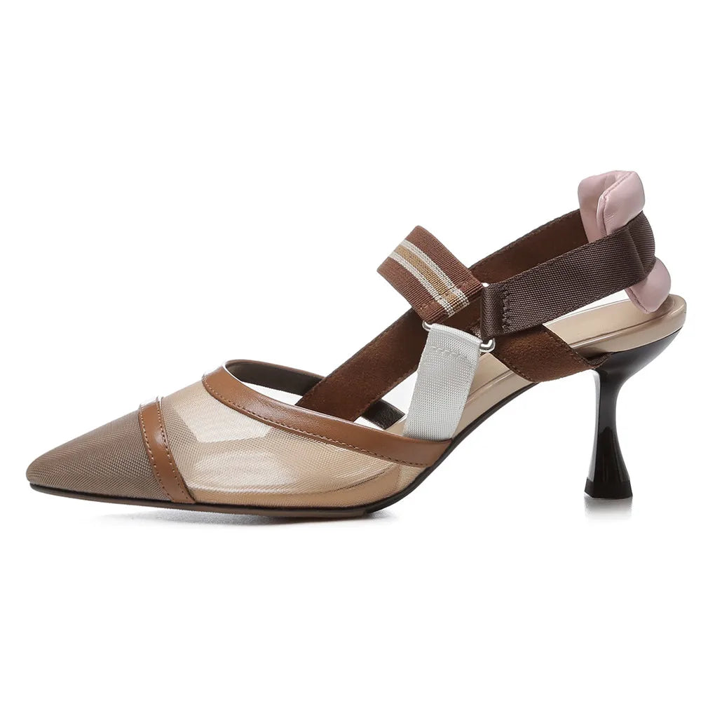 Aucegi Pointy Toe Thin High Heel Slingback Sandals Women Brand Design Elegant Genuine Leather Splicing Mesh Party Dress Shoes