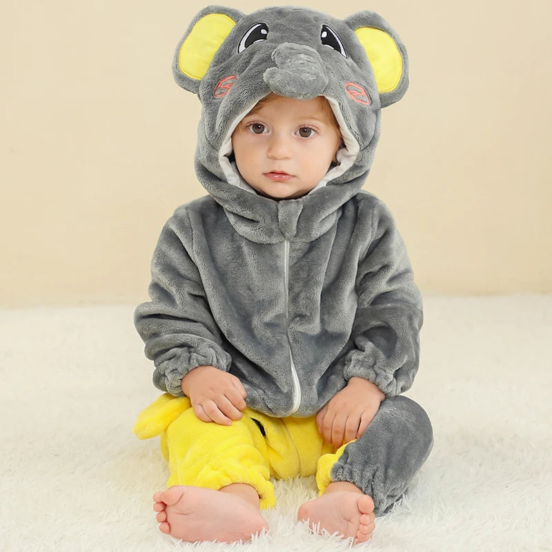 MICHLEY Halloween Elephant Winter Baby Rompers Clothes Costume Flannel Hooded Bodysuits Pajamas Animals Jumpsuit For Boys Bebe