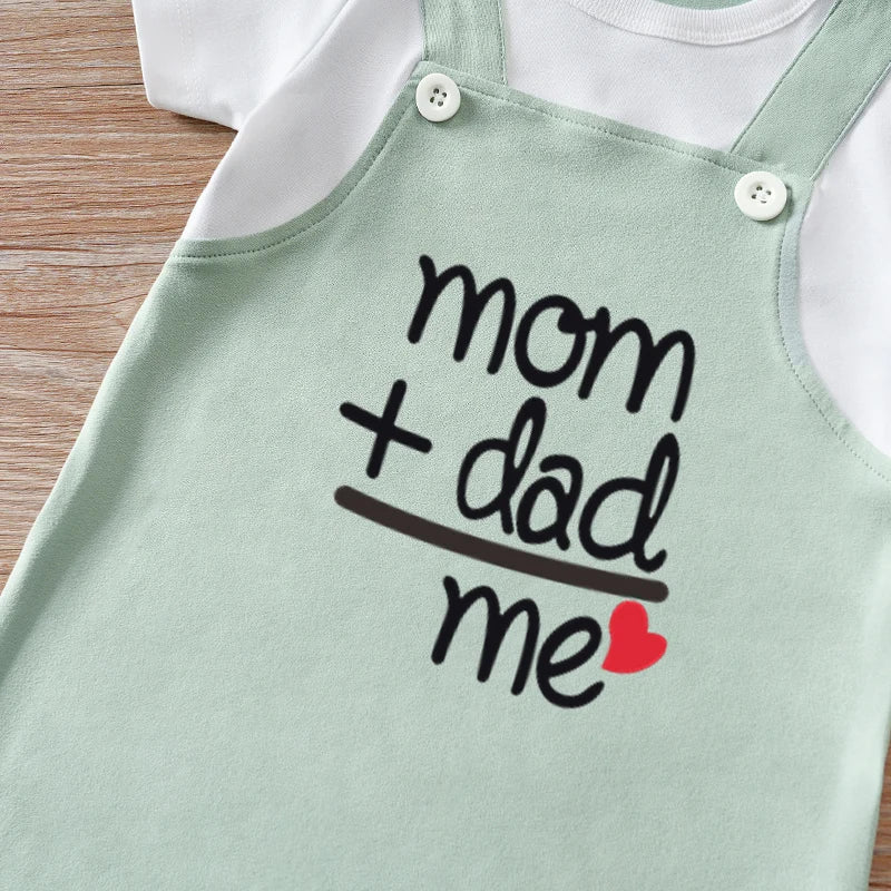 Newborn boys, girls and babies summer vacation 2 pieces braces, Dad, Mom and I, short-sleeved round-neck jumpsuit